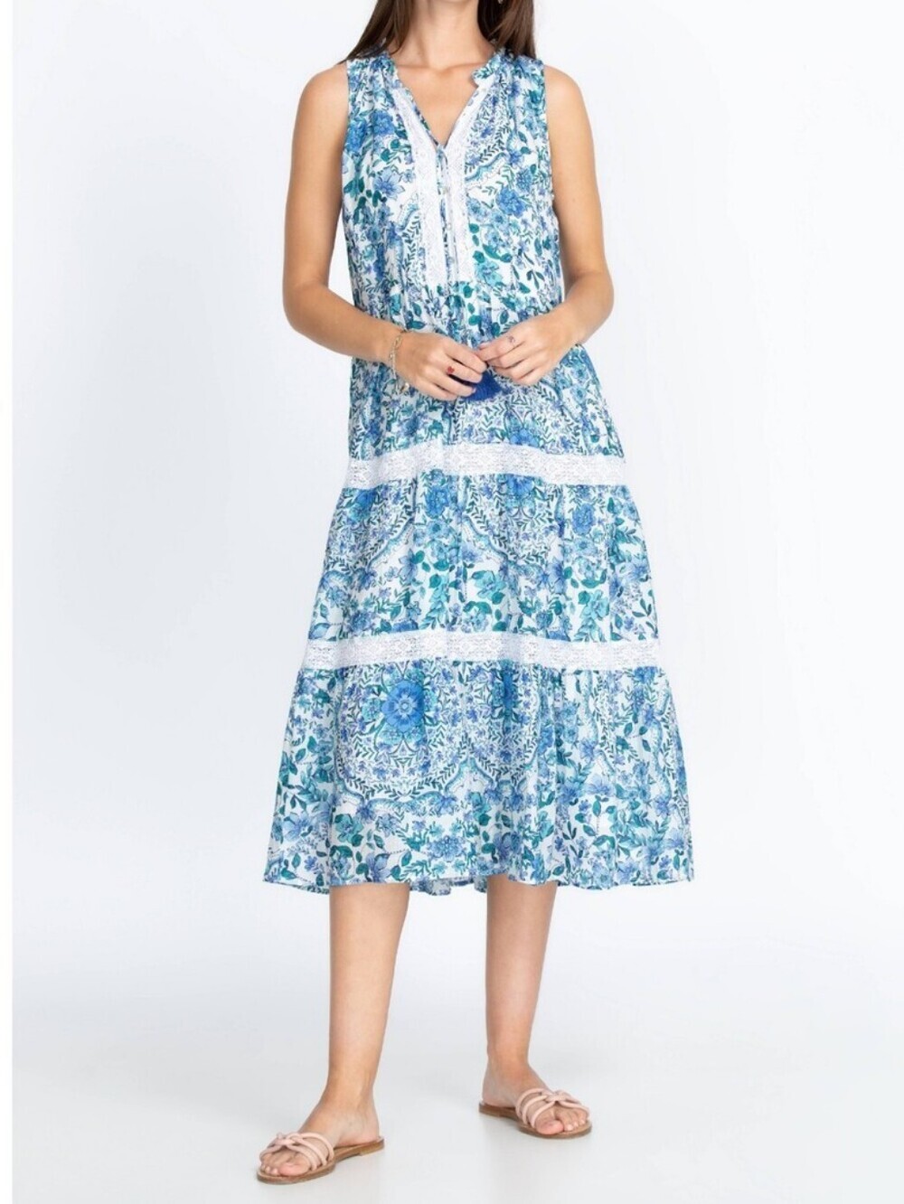 JOHNNY WAS Aster Tiered Blue Floral Sleeveless W/Tassel Midi Dress-Large
